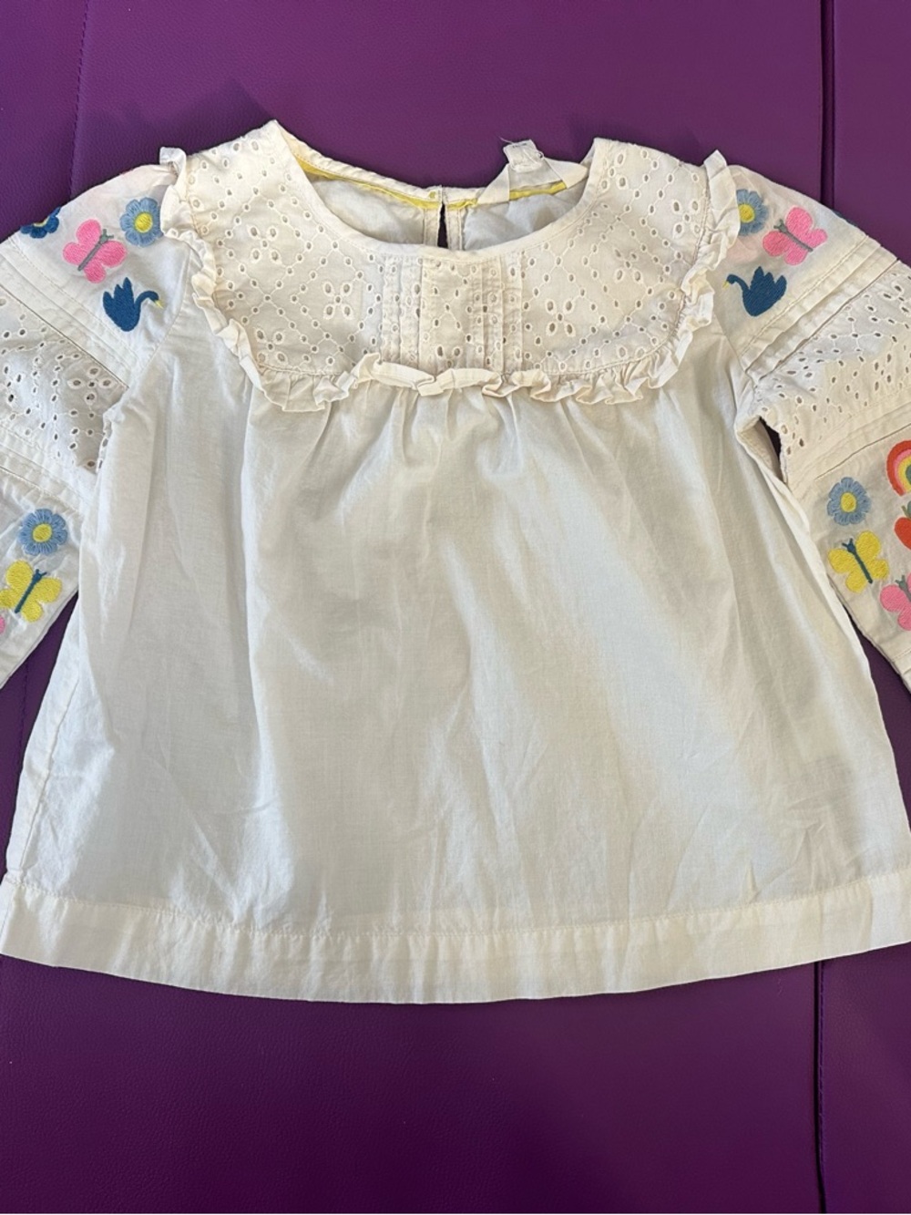 Mini Boden cream Eyelet Blouse with Colorful Embroidered Sleeves